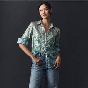 Anthropologie Ombre Sequin Green Buttondown Shirt‎ Size M NEW WITH TAG